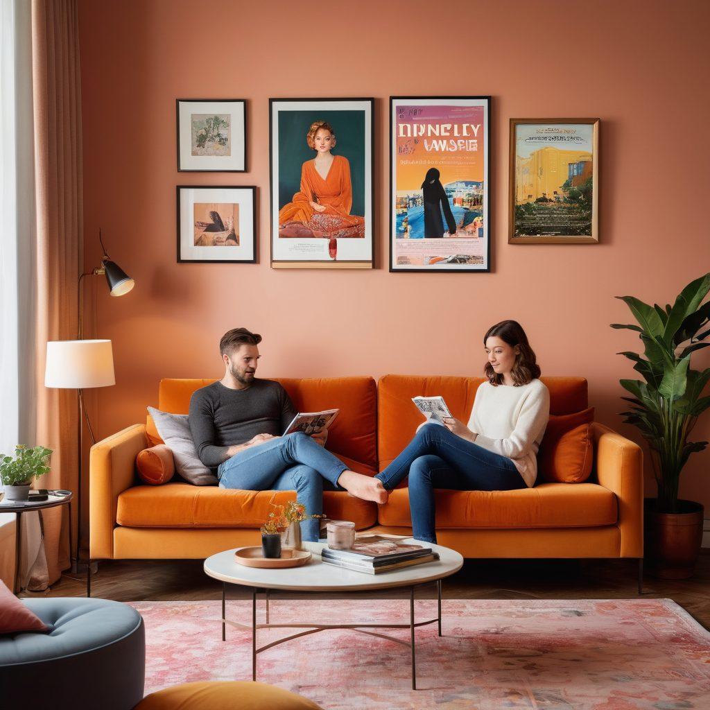 A contemporary couple sharing an intimate moment in a stylish living room, surrounded by a mix of modern decor and vintage adult media elements like classic magazines and films. The atmosphere is warm and inviting, with soft lighting creating a sense of connection and intimacy. Visual representations of evolving adult lifestyle trends, like technology in relationships and body positivity, subtly integrated into the background. The overall feel should evoke a blend of nostalgia and modernity. super-realistic. vibrant colors. warm tones.