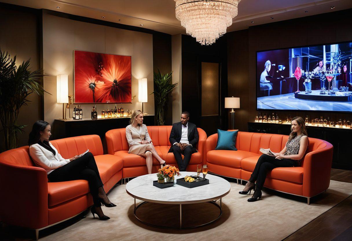 A stylish adult social gathering, showcasing diverse individuals engaged in discussions over cocktails, surrounded by modern decor and soft lighting. Include elements like trend analysis charts on a screen, cozy lounge furniture, and a hint of sophistication in their clothing. Capture the essence of adult lifestyle trends with an inviting atmosphere. vibrant colors. super-realistic.